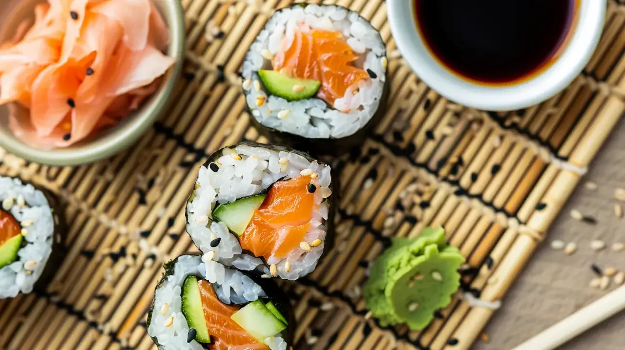 Domowe sushi z łososiem, awokado, ogórkiem i wasabi