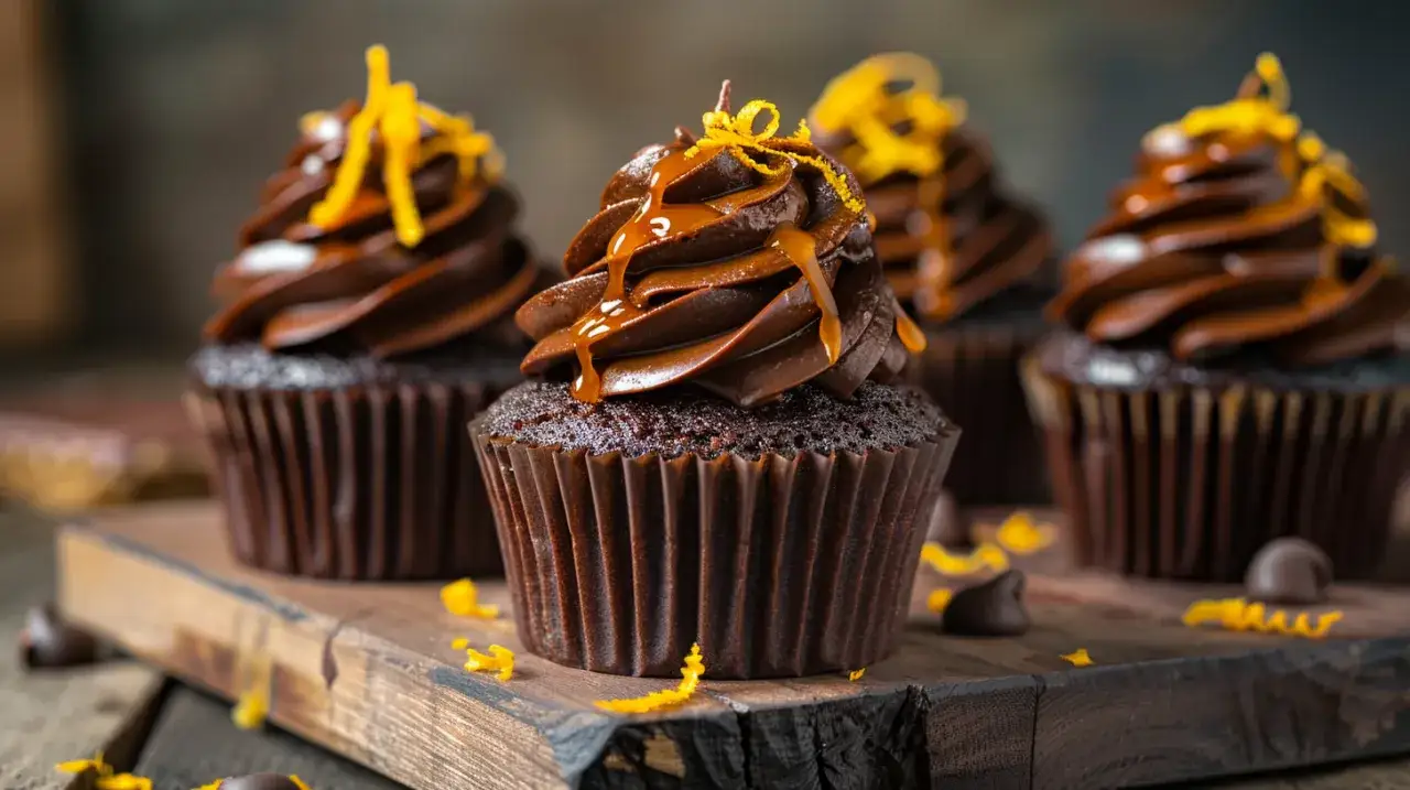 Babeczki piernikowe z kremem, polewą czekoladową i skórką pomarańczy