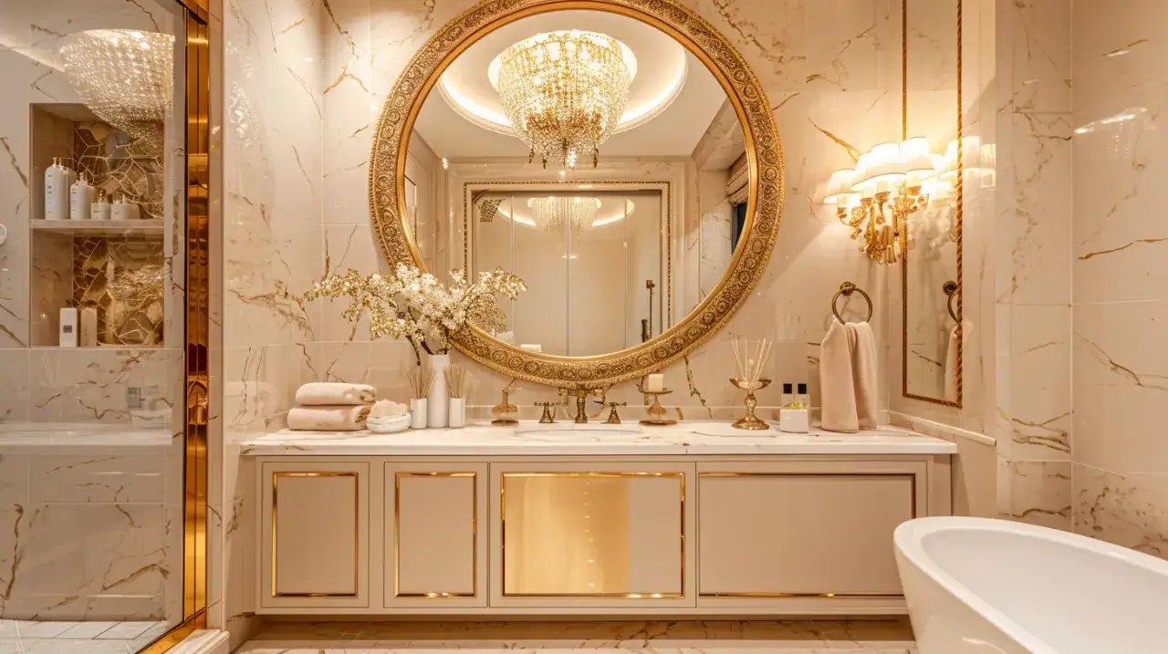 Czy okrągłe lustro w złotej ramie doda blasku Twojej łazience?