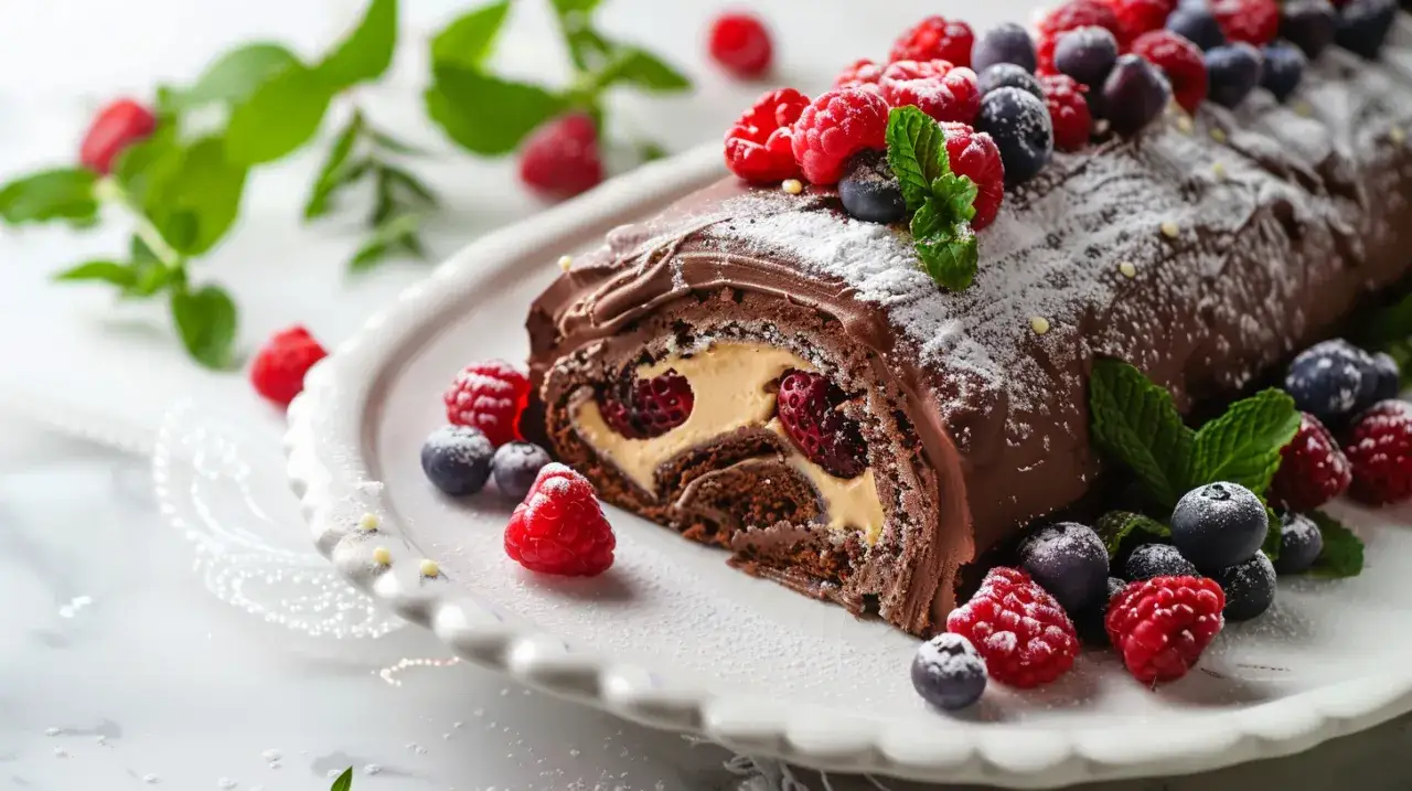 Rolada biszkoptowa z kremem czekoladowym i owocami