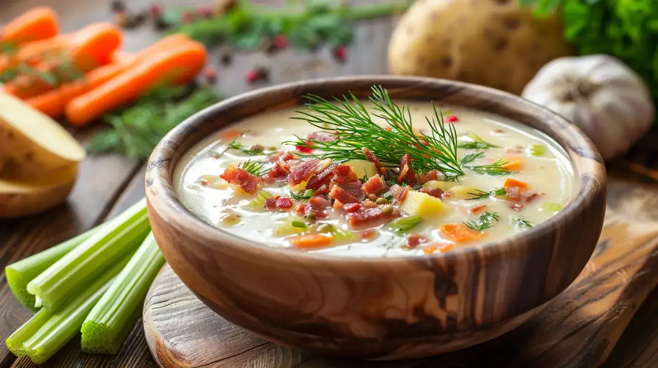 Krupnik z kaszą pęczak, warzywami, ziemniakami i wędzonym boczkiem