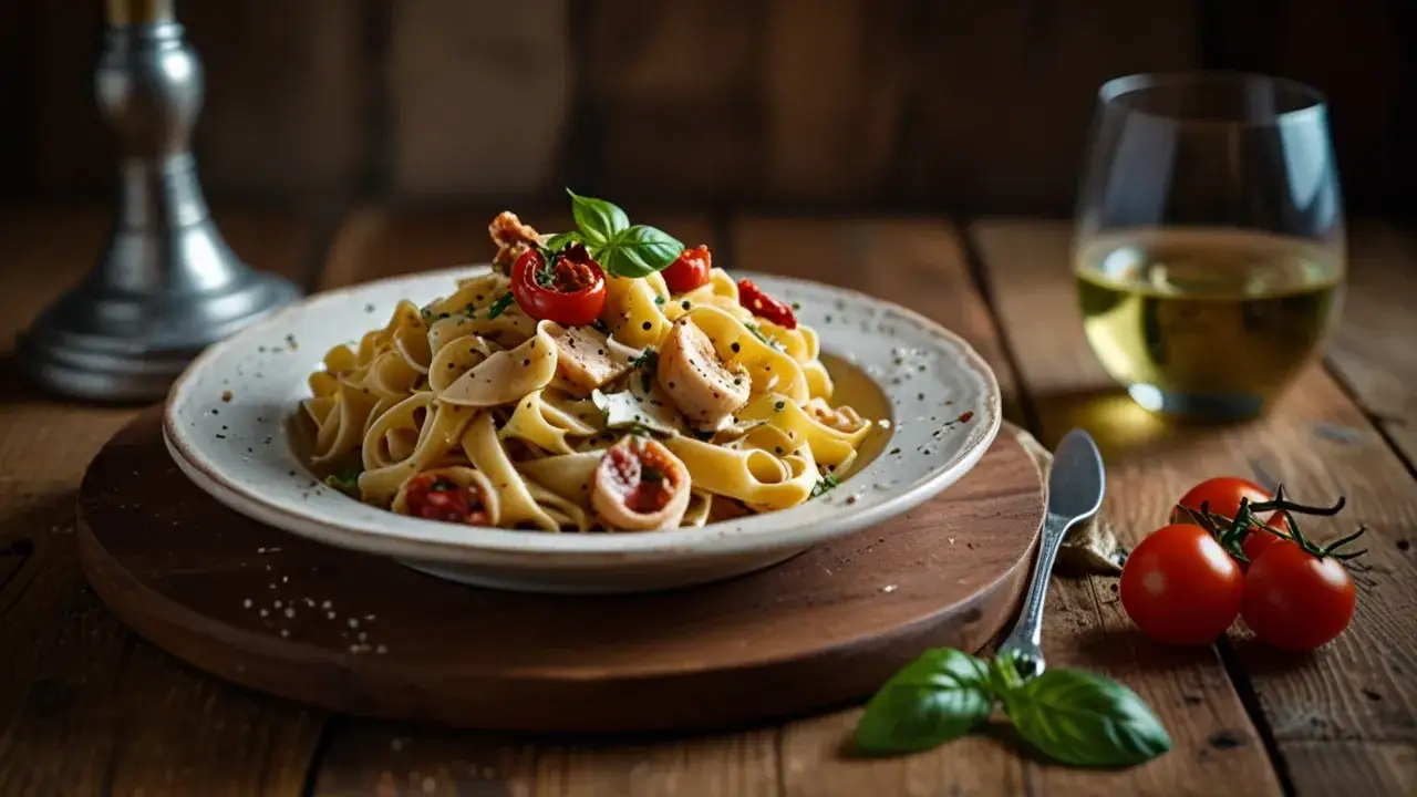 Makaron tagliatelle z kurczakiem i suszonymi pomidorami: Przepis