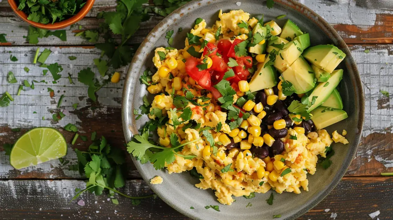 Jajka po meksykańsku z fasolą, kukurydzą i awokado
