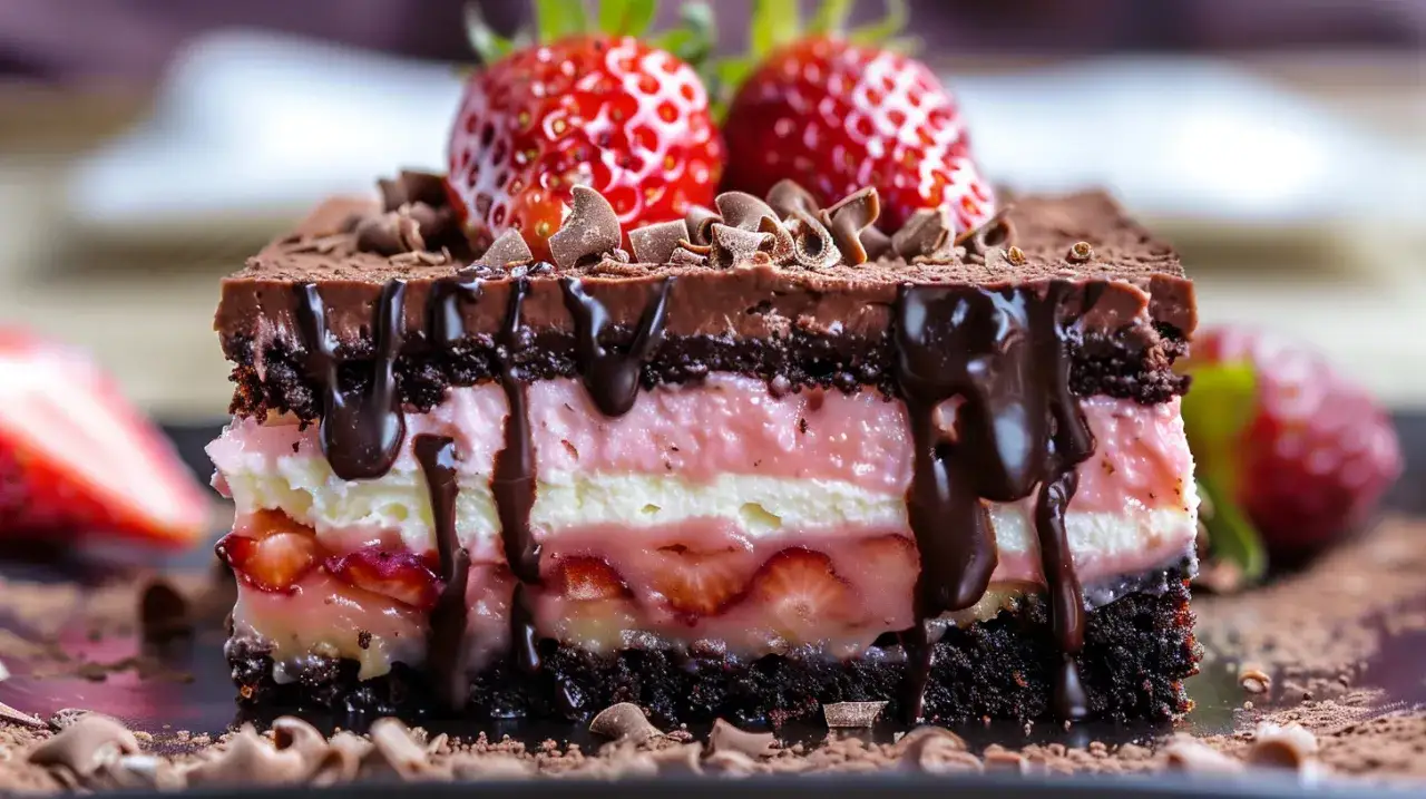 Sernikobrownie z musem truskawkowym i polewą czekoladową