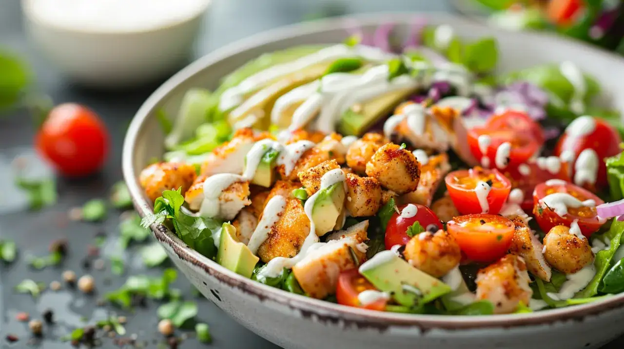 Sałatka z kurczakiem, awokado, pomidorami i sosem jogurtowym