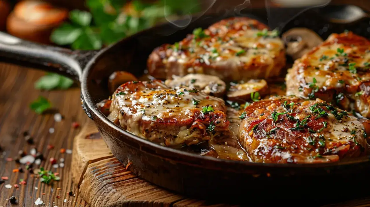 Karkówka pieczona z pieczarkami, serem i ziołami prowansalskimi