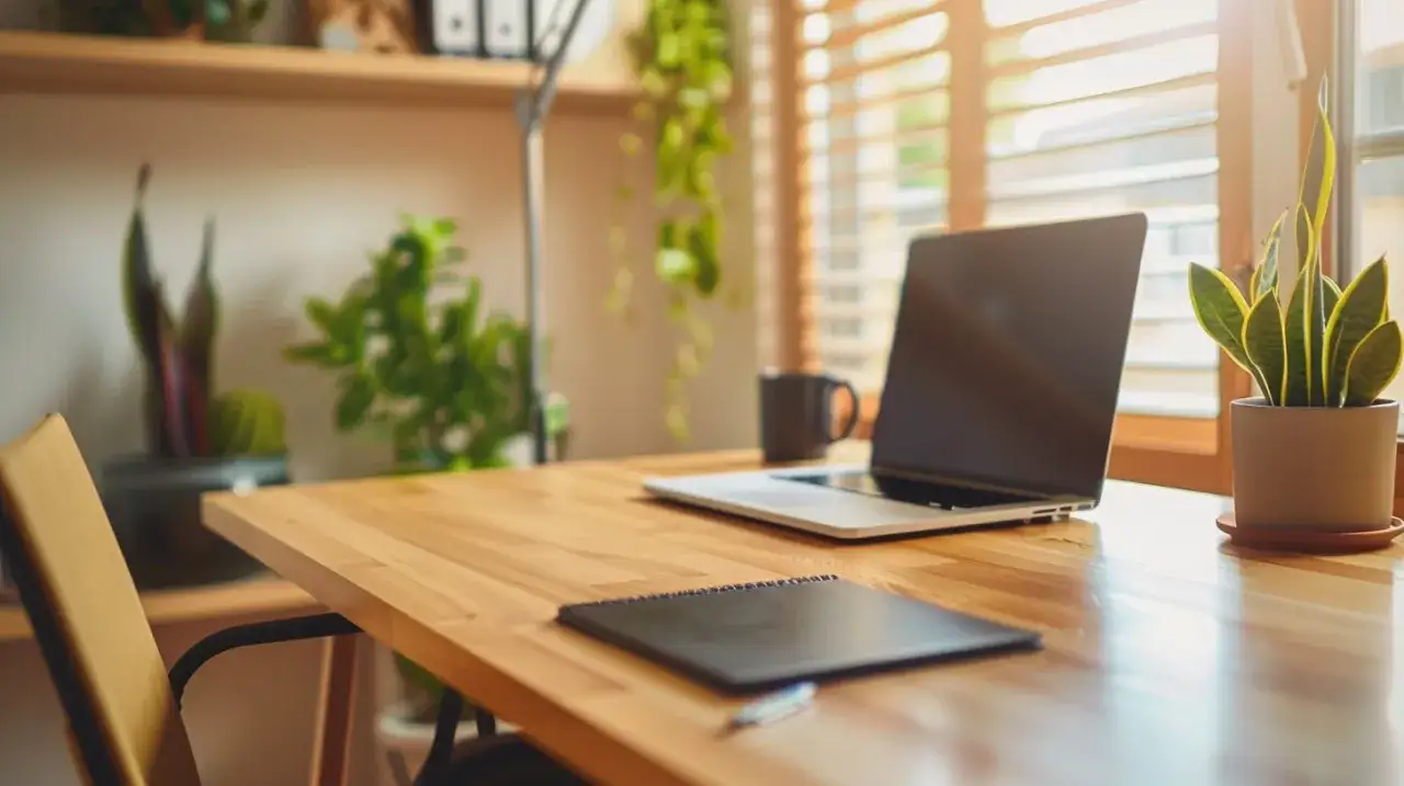 Biurko z drewnianym blatem  - idealne miejsce do pracy.