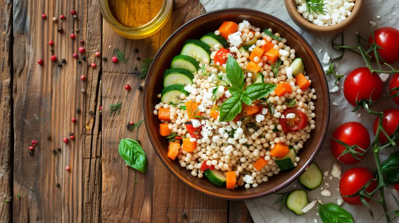 Kasza z cukinią, pomidorami i serem feta