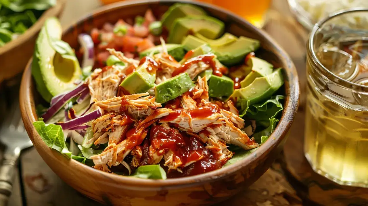 Sałatka z szarpanym kurczakiem, awokado i sosem BBQ