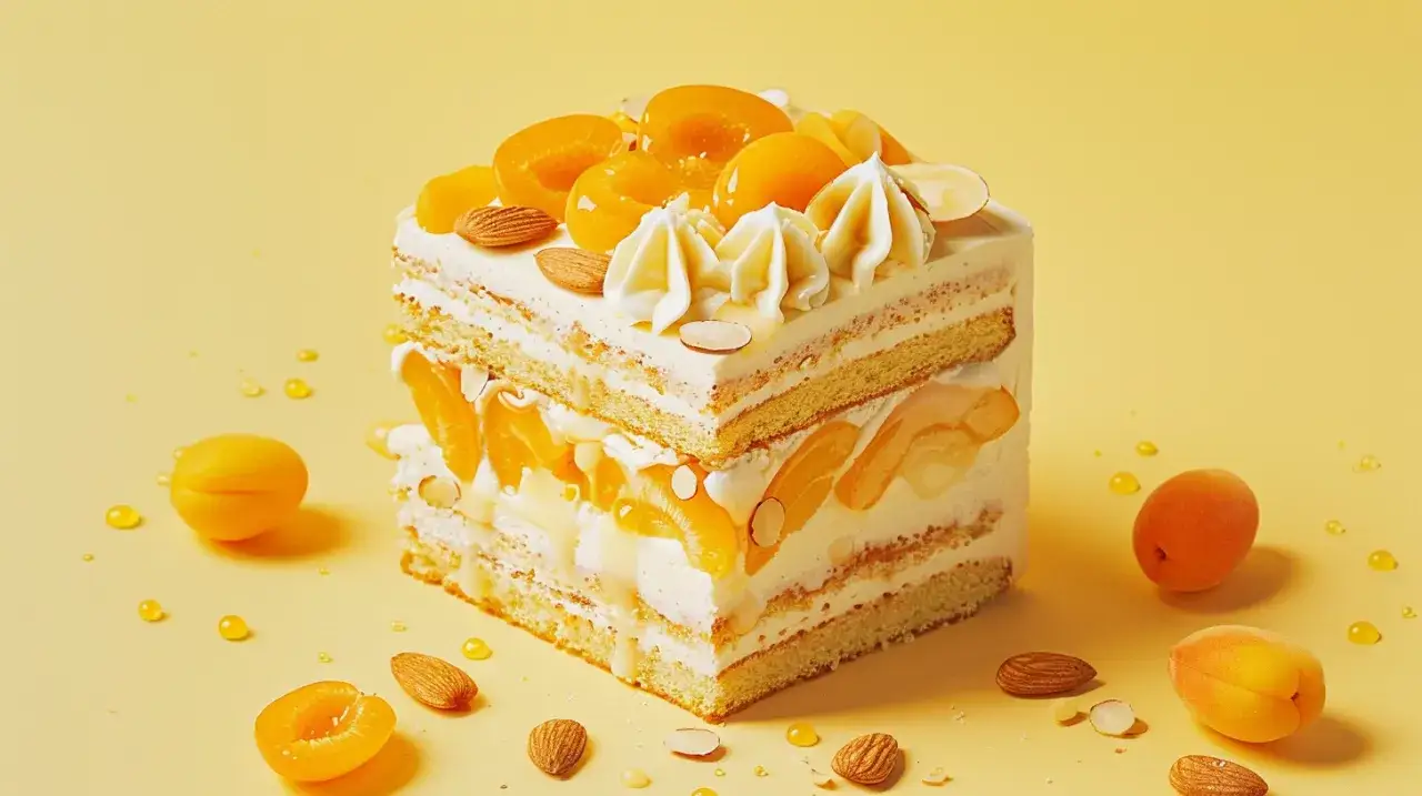 Ciasto z morelami, migdałami, kremem waniliowym i lukrem