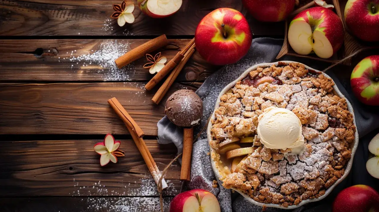 Ciasto z kruszonką, jabłkami, cynamonem i lodami waniliowymi