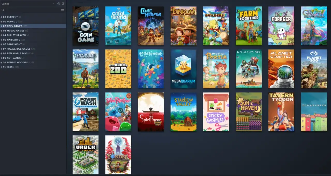 Widok biblioteki gier Steam z miniaturkami gier i menu po lewej stronie.
