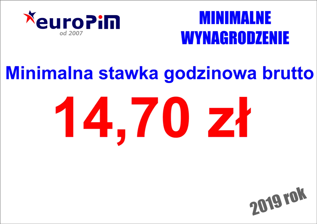 Minimalna stawka godzinowa brutto 14,70 zł. Logo euroPiM. 2019 rok.