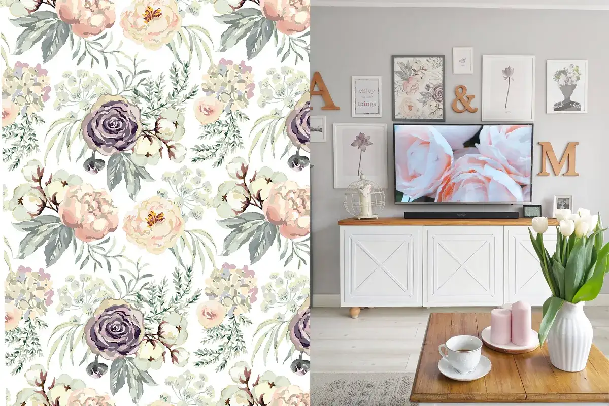 Delikatne resztki tapet z motywem kwiatowym, idealne do stworzenia romantycznej atmosfery w salonie.