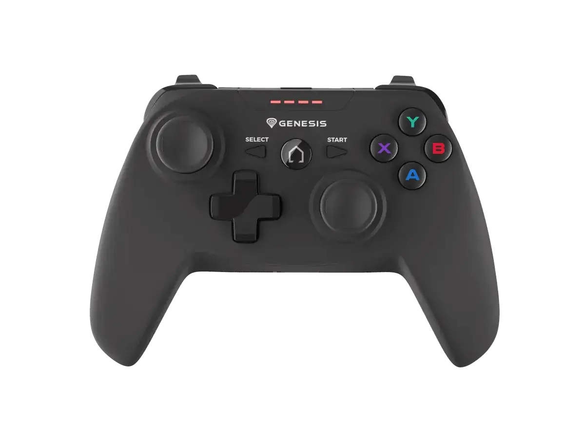 Czarny gamepad Genesis PV58 z podświetlanymi przyciskami i diodami LED.