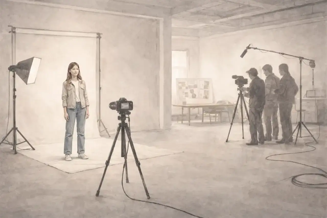 Sesja zdjęciowa z modelką i ekipą filmową. Dowiedz się, jak zarabiać na fotografii, tworząc profesjonalne materiały.
