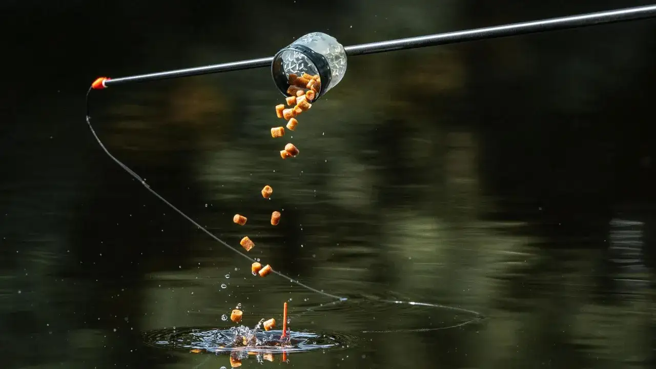 Zanęta do method feeder spada do wody, tworząc idealną chmurę przyciągającą ryby.