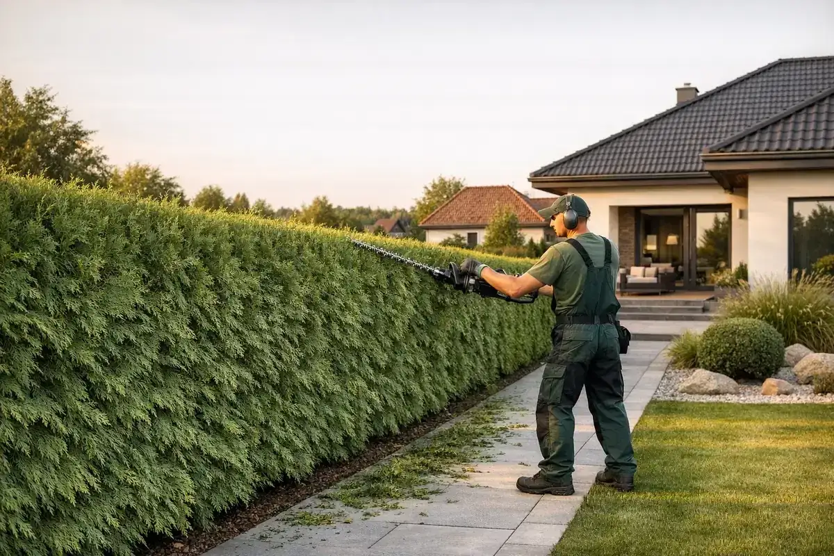 Ogrodnik przycina żywopłot z tui, pokazując, jak przycinać tuje.