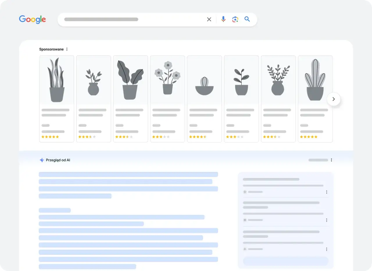 Szukasz sposobu, jak wyłączyć przegląd od AI Google? Na ekranie widzisz wyniki wyszukiwania Google z sekcją "Przegląd od AI" i reklamami.