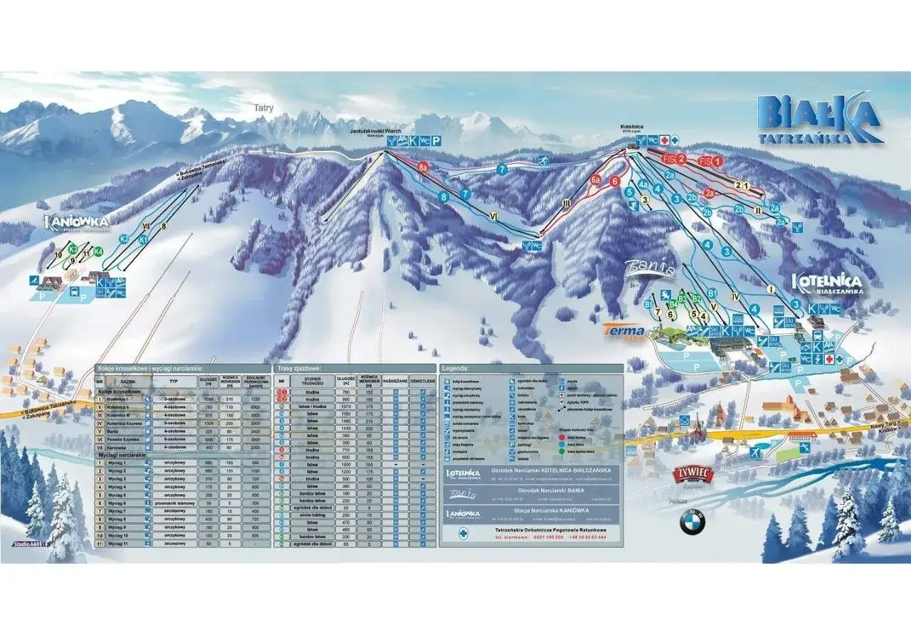 Białka Tatrzańska trasy narciarskie: mapa ośrodków Kotelnica, Bania, Kaniówka. Wyciągi, trasy zjazdowe, legenda.