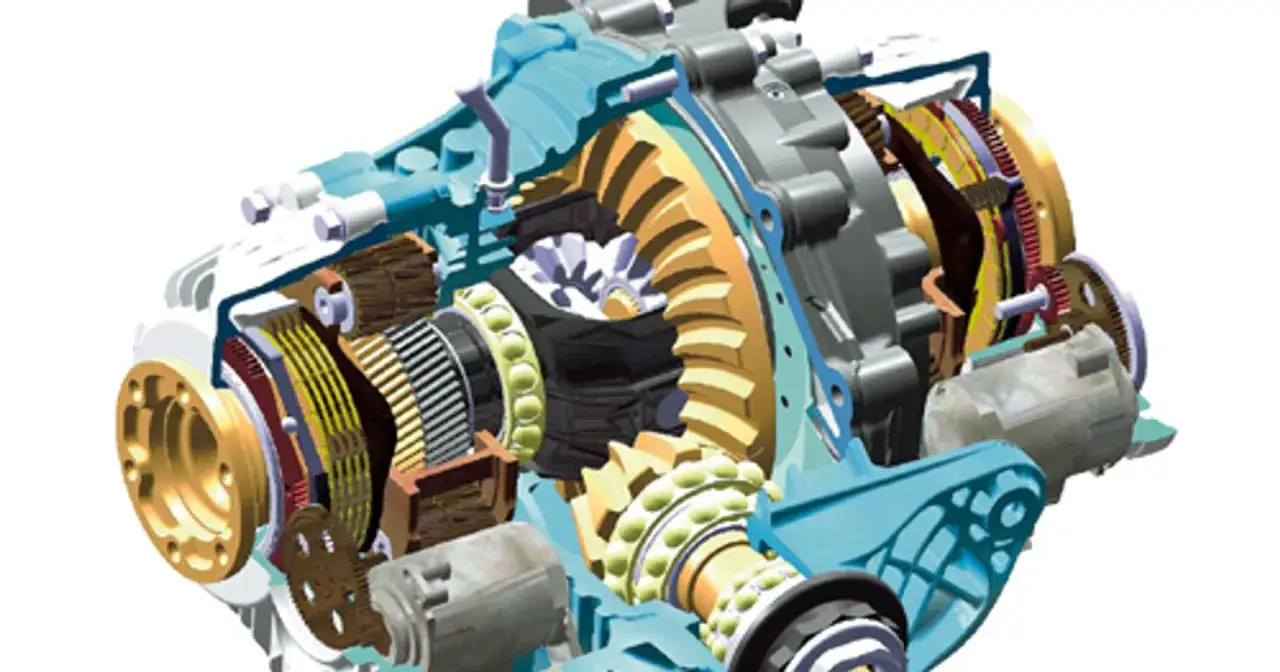 Przekrój mechanizmu różnicowego samochodu z widocznymi kołami zębatymi i elementami napędu.