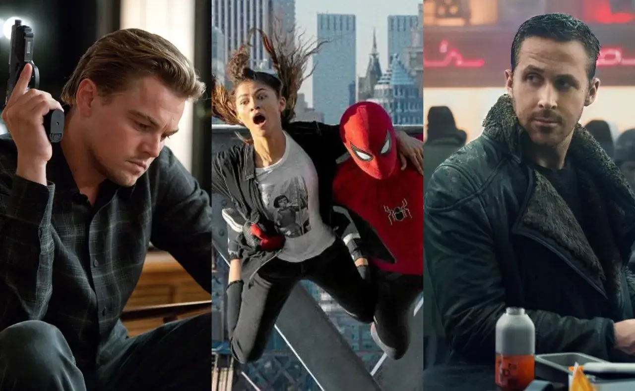 Trzy kadry z filmów science fiction: Leonardo DiCaprio z pistoletem, Spider-Man z Zendayą, Ryan Gosling.