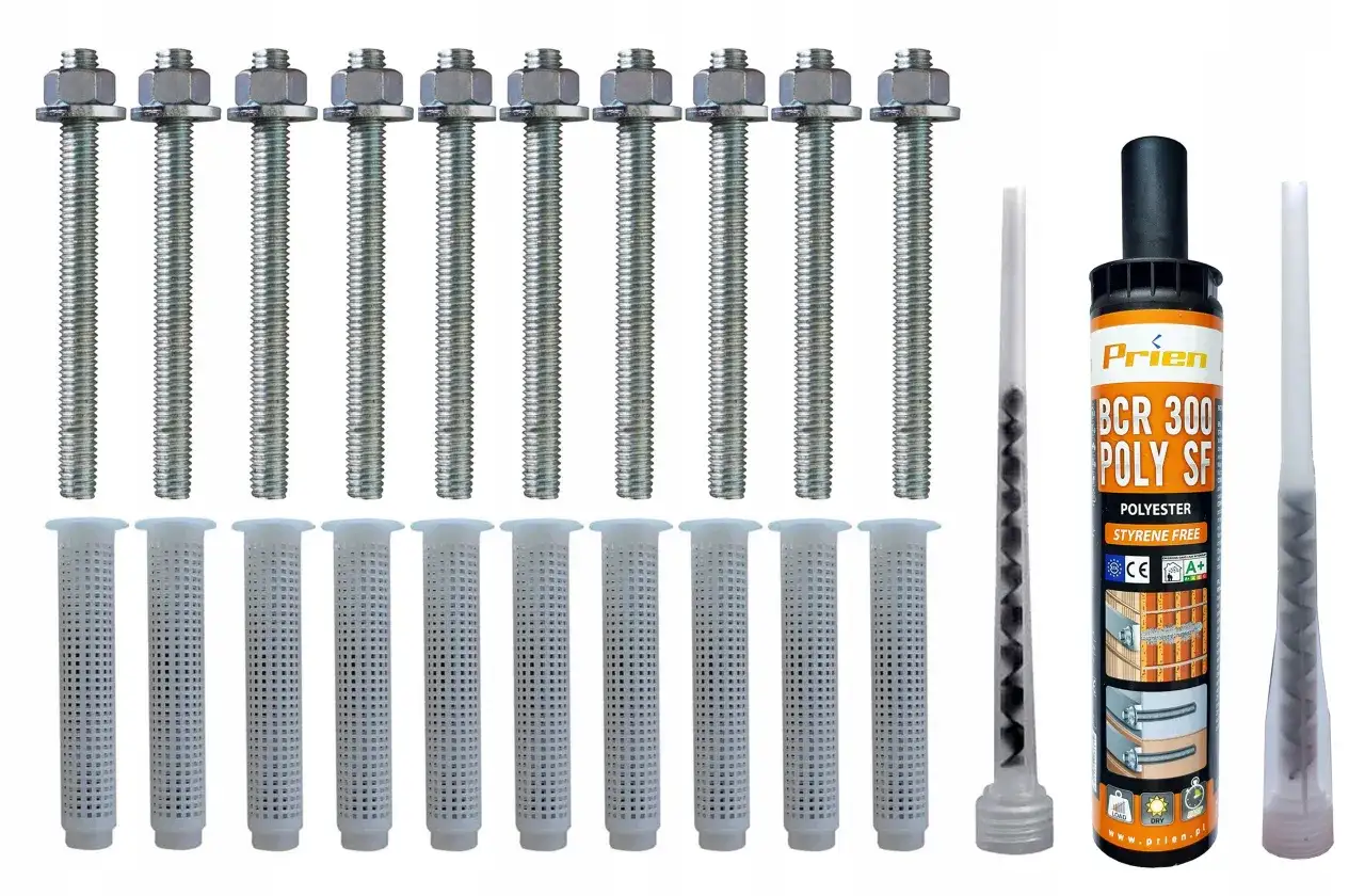 Kotwy do ziemi, tuleje i żywica chemiczna na białym tle.