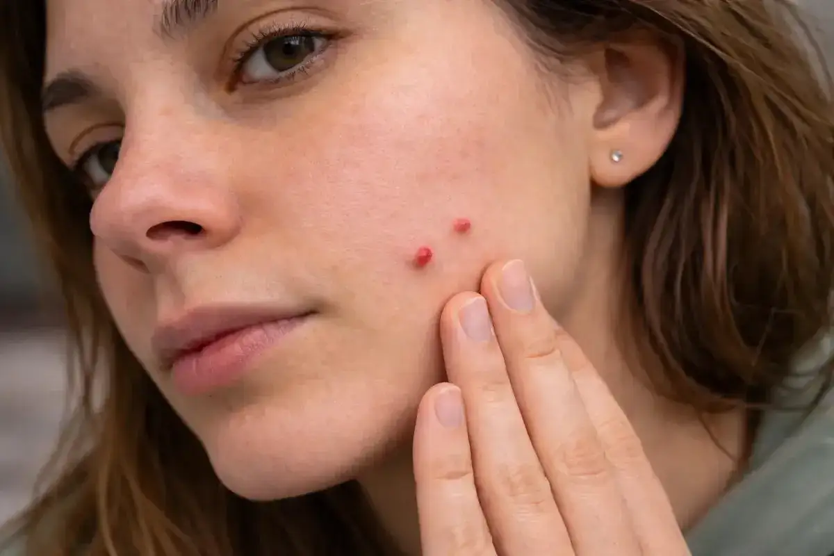 Zbliżenie na twarz kobiety z kilkoma czerwonymi pryszczami na policzku, dotykana palcami.