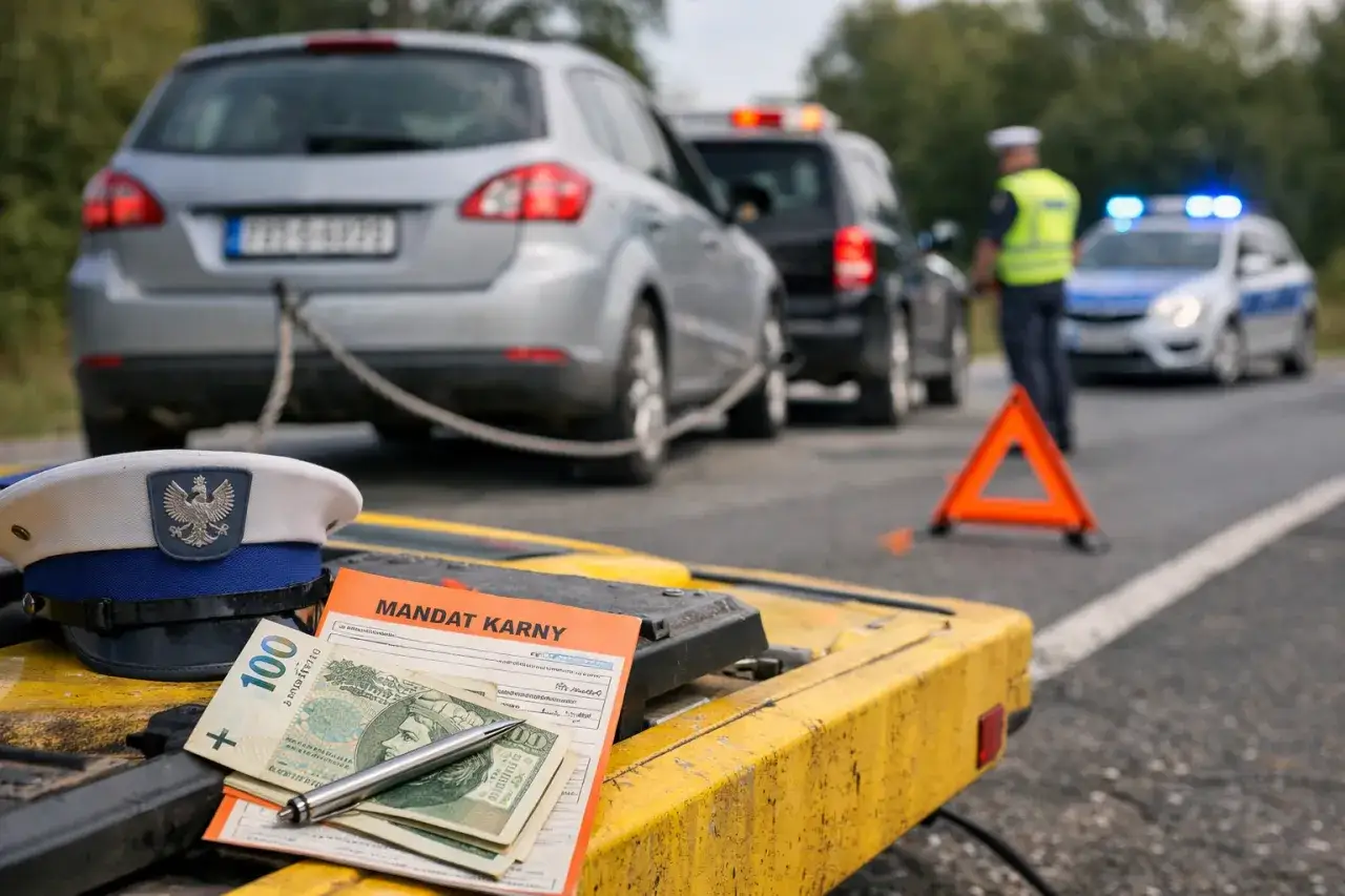 Policyjny mundur, mandat karny, pieniądze i holowany samochód na drodze.