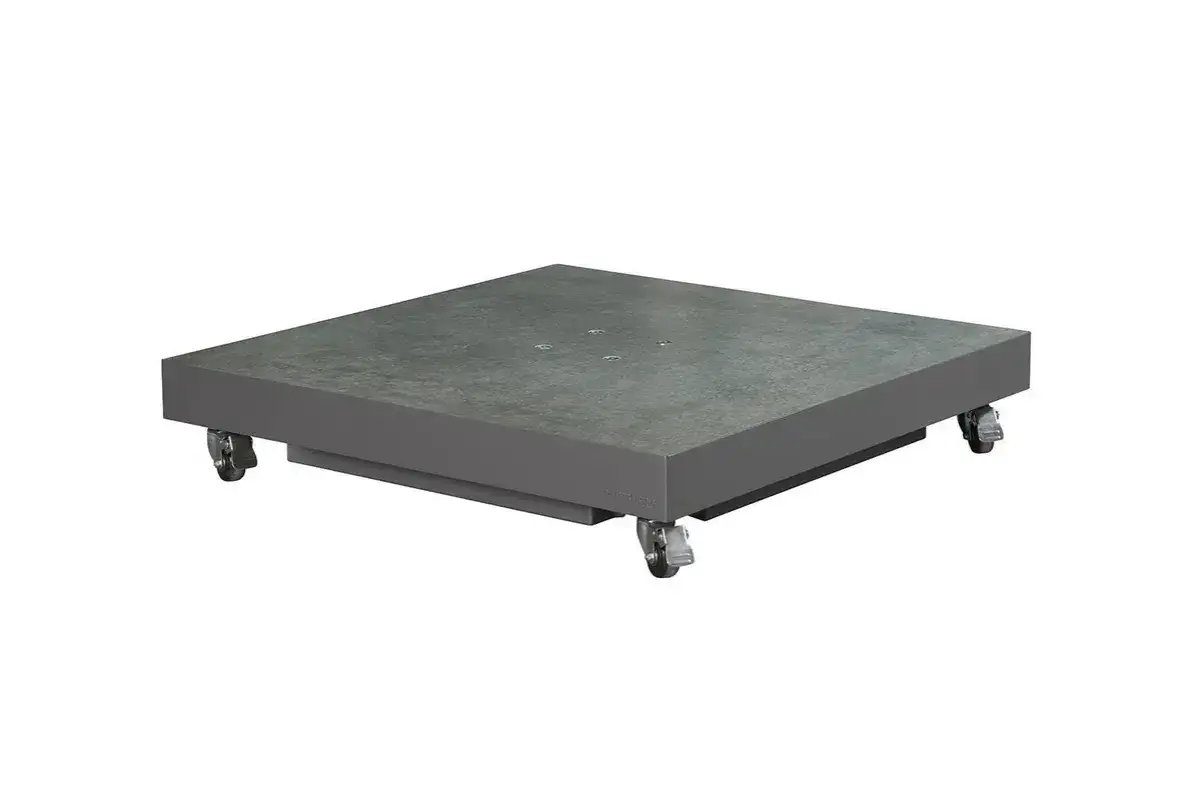 Solidna, kwadratowa podstawa pod parasol ogrodowy z kółkami. Idealna do stabilnego mocowania parasola.