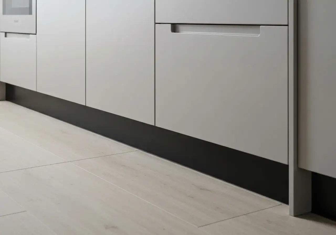 Nowoczesne szare szafki kuchenne z czarnym cokołem i jasną drewnianą podłogą. Dowiedz się, jak powiesić szafki kuchenne na hakach.