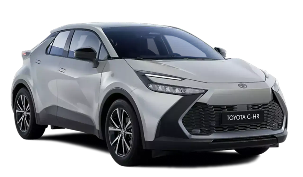 Srebrna Toyota C-HR Hybrid z przodu, na białym tle.
