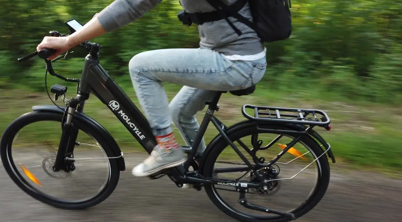 Osoba na rowerze Molicyle, który wygląda jak rower miejski czy trekkingowy, jedzie po ścieżce wśród zieleni.