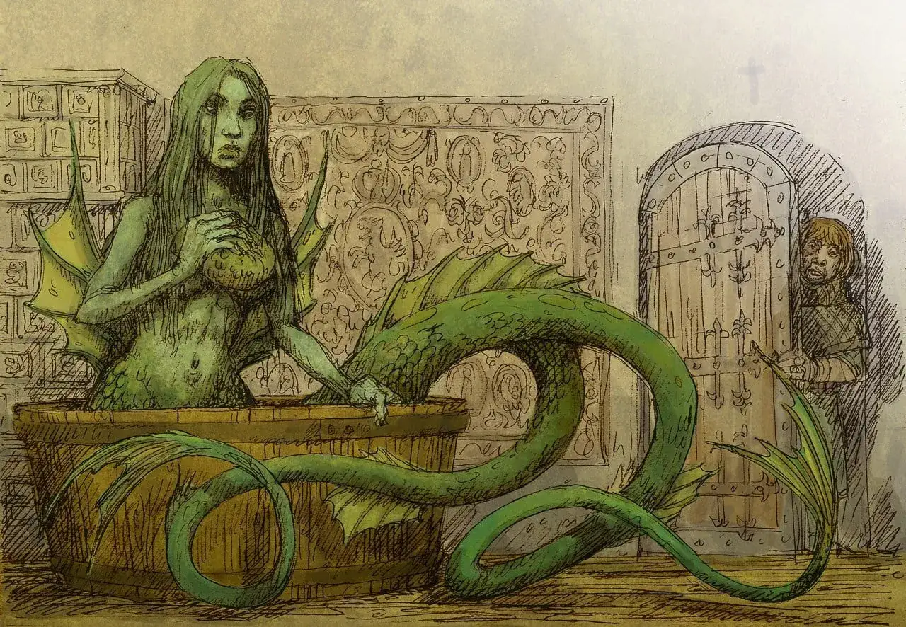 Zielona Meluzyna w wannie, trzymająca jajko. Zza drzwi wygląda przerażony chłopiec.