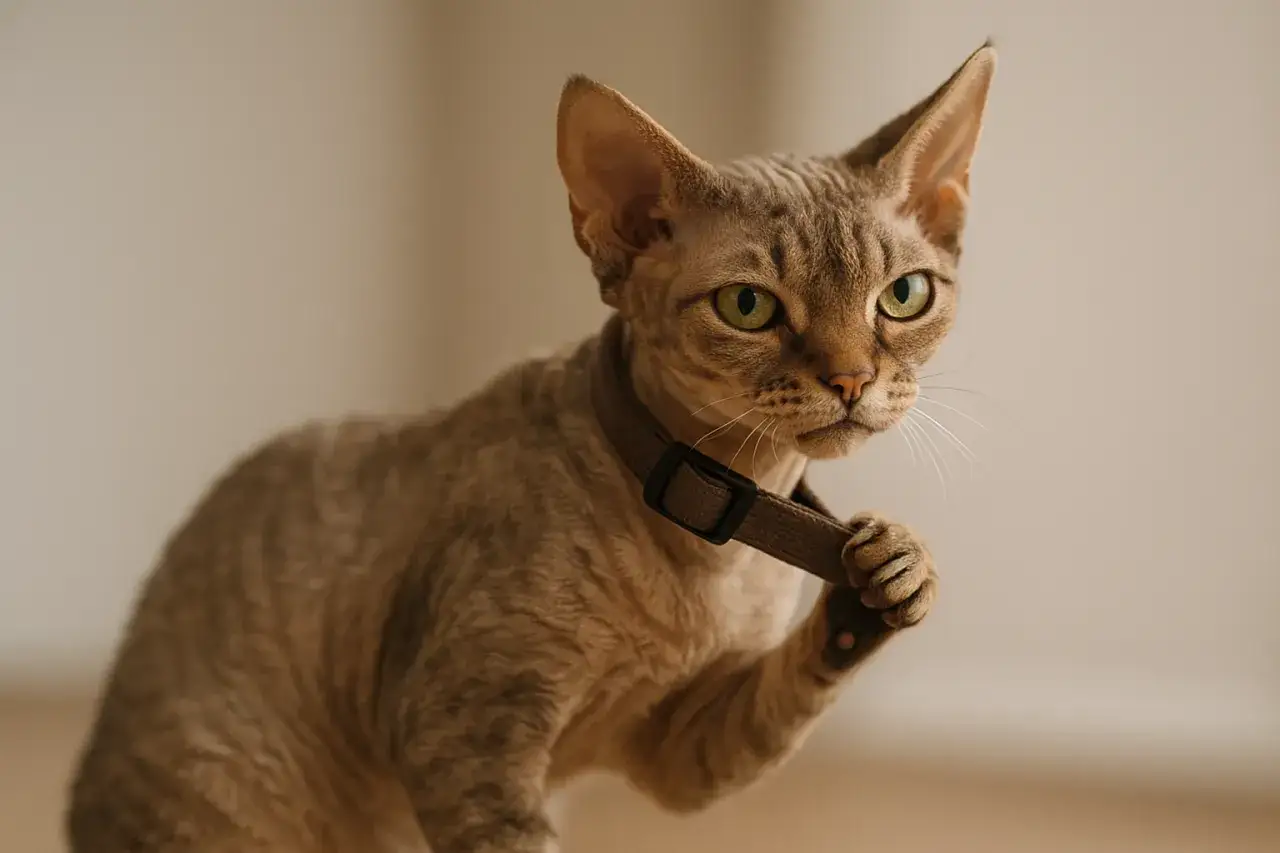 Rudy kot rasy Devon Rex z zielonymi oczami, w brązowej obroży, trzyma łapką jej fragment.