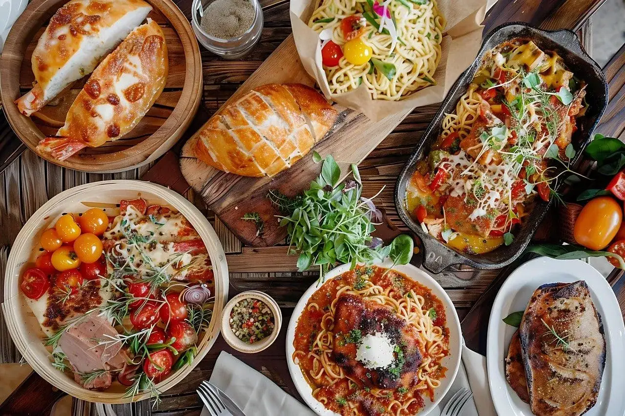 Letnia uczta: pieczone ryby, makaron z pomidorkami, zapiekanka z warzywami i chleb. Idealne co na obiad latem.