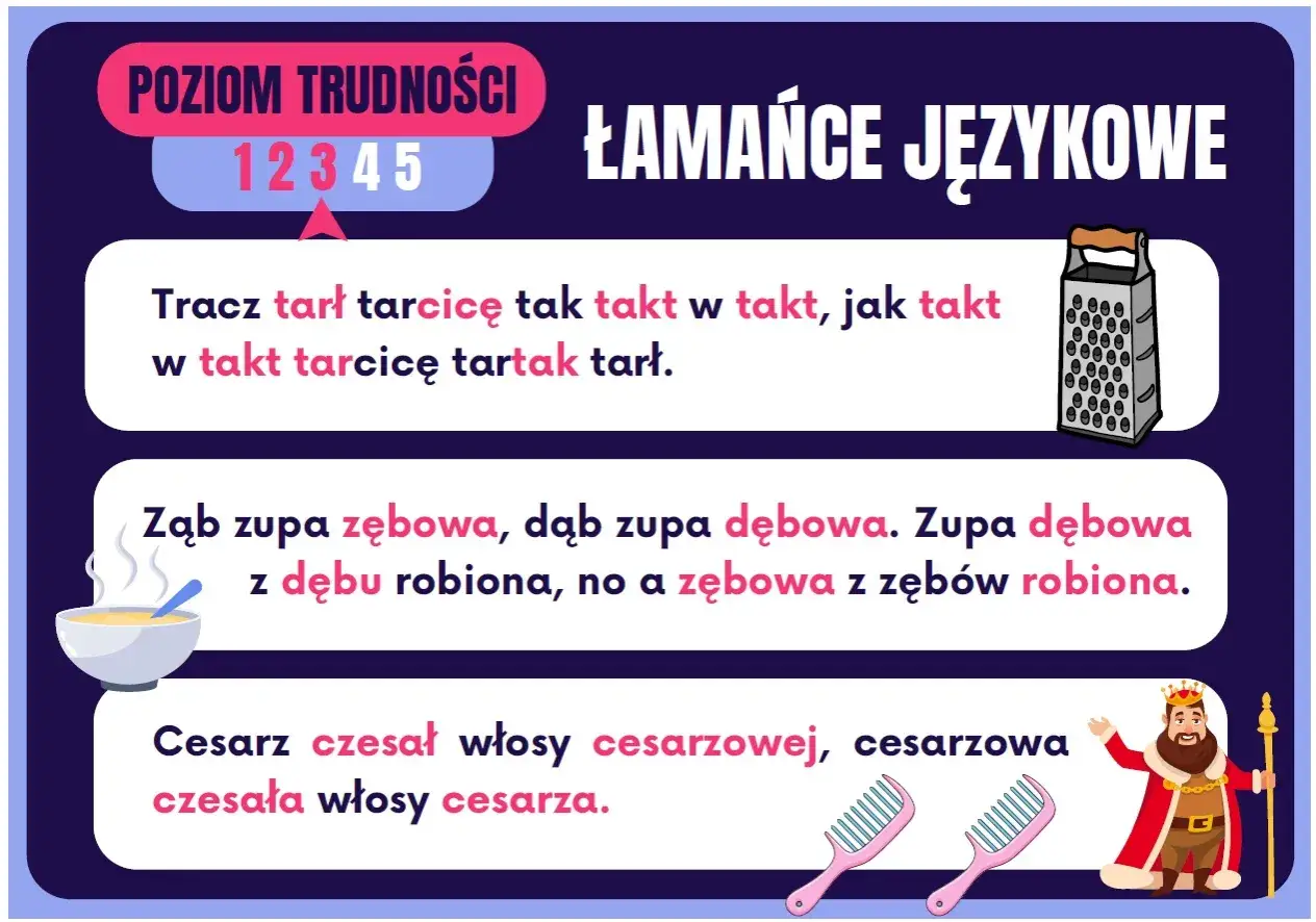 Krótkie łamańce językowe dla dzieci: Tracz tarł tarcicę, zupa z dębu i cesarz czesał włosy. Zabawa z językiem!