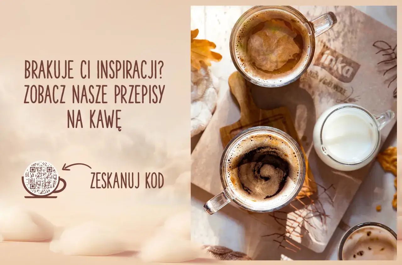 Dwie filiżanki kawy, jedna z mlekiem, na tle opakowania z logo Inka. Brak inspiracji? Zeskanuj kod, by poznać przepisy na kawę.