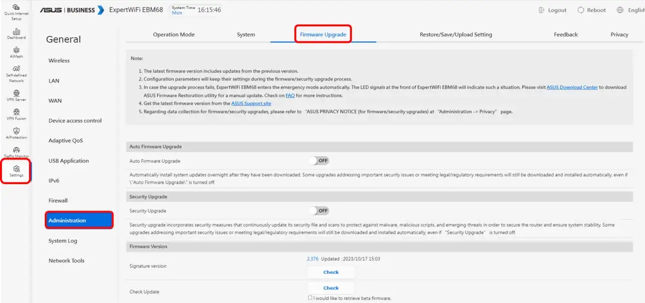 Panel administracyjny routera ASUS, zakładka "Firmware Upgrade". Tutaj dowiesz się, jak zaktualizować oprogramowanie routera, aby zapewnić bezpieczeństwo i stabilność.