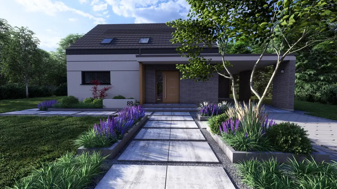 Nowoczesna ścieżka z płyt betonowych i rabaty z lawendą przed domem. Inspiracje na kostkę brukową przed domem.