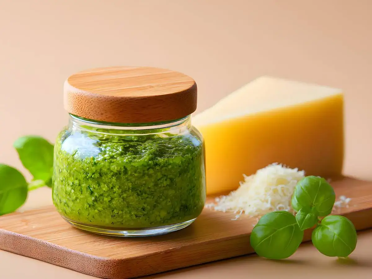Słoiczek domowego **pesto bazyliowego** z kawałkiem parmezanu i świeżymi listkami bazylii na drewnianej desce.