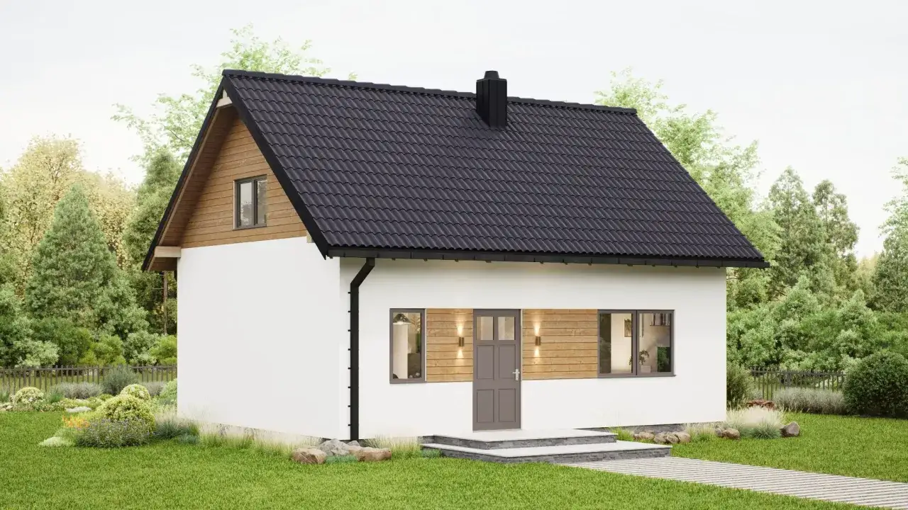 Idealna jaka działka pod dom 70m2. Biały, nowoczesny domek z drewnianymi elementami i czarnym dachem, otoczony zielenią.