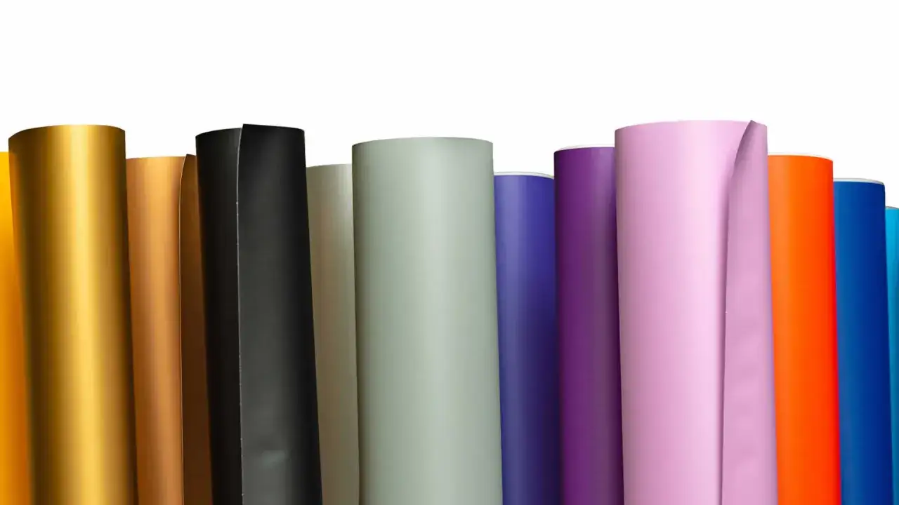 Rolki folii w różnych kolorach: złoty, brązowy, czarny, zielony, fioletowy, różowy, pomarańczowy, niebieski.