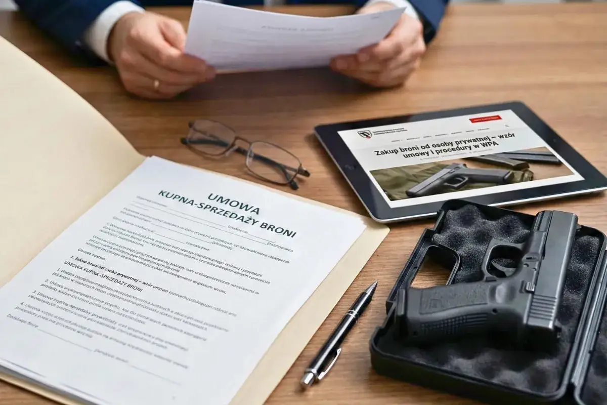 Umowa kupna-sprzedaży broni, pistolet w futerale, tablet z informacją "Zakup broni od osoby prywatnej" i dokumenty. Czy myśliwy może kupić broń od innego myśliwego?