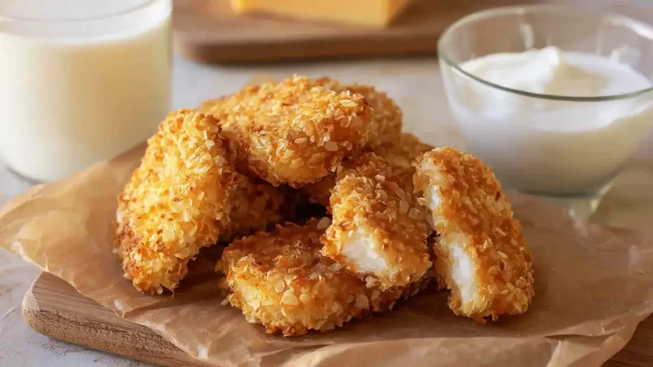 Chrupiące nuggetsy w panko z piekarnika, idealne do maczania w sosie. Obok szklanka mleka i miseczka jogurtu.