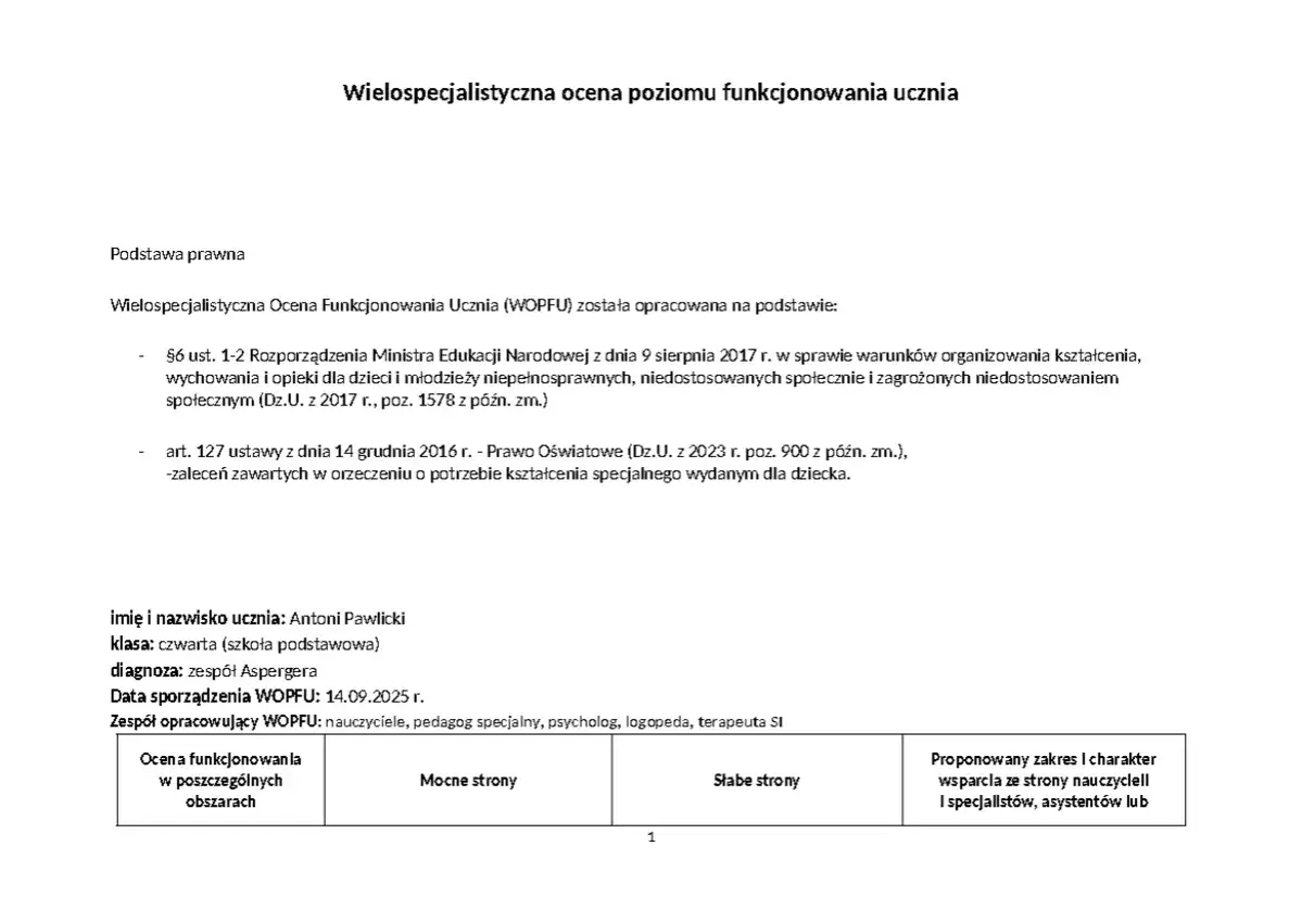 Wielospecjalistyczna ocena poziomu funkcjonowania ucznia (WOPFU) to dokument, który analizuje mocne i słabe strony ucznia.