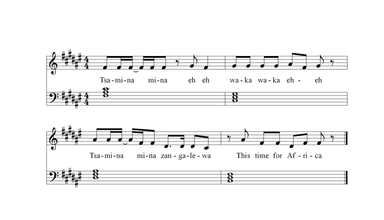 Proste piosenki na pianino z tekstem "Tsa-mi-na mi-na" i "This time for Africa".