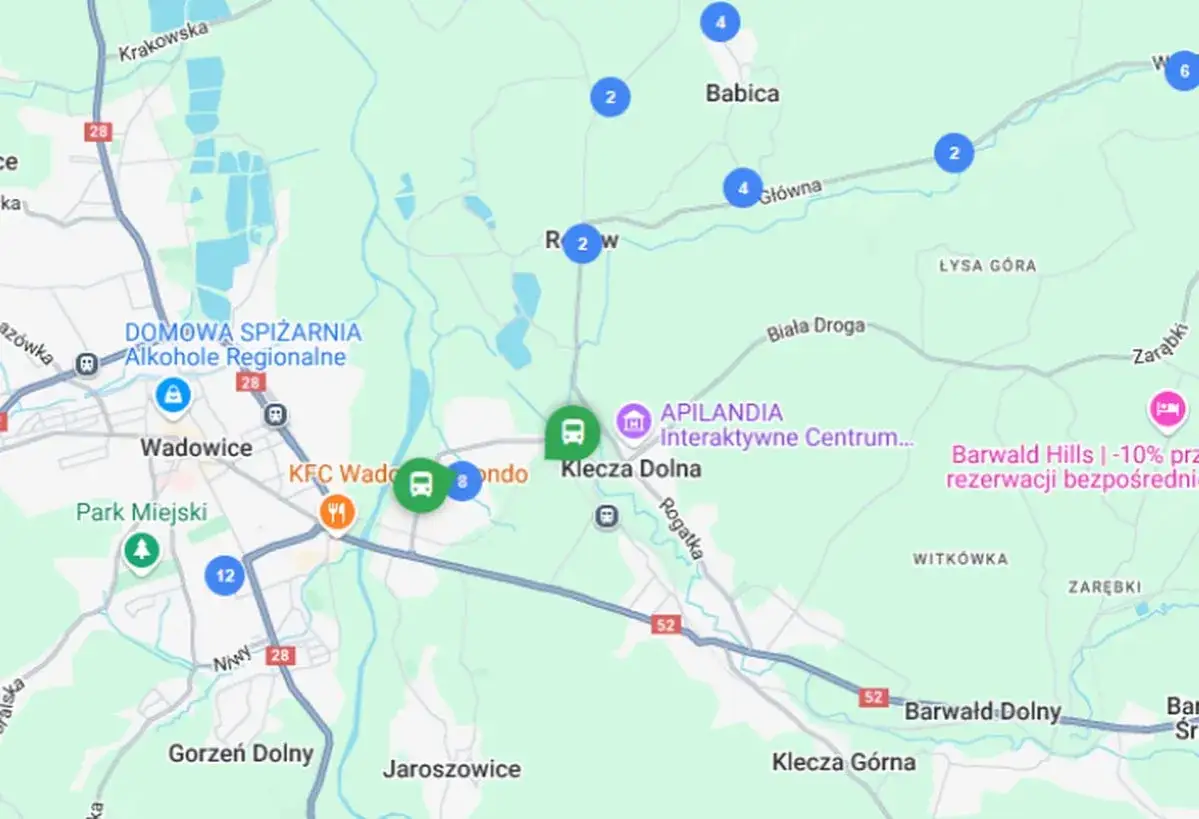 Mapa z zaznaczonymi przystankami autobusowymi i nazwami miejscowości, m.in. Wadowice, Klecza Dolna.