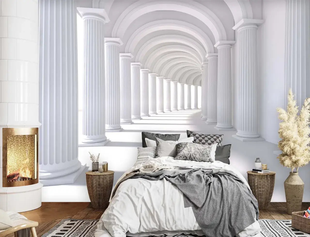 Sypialnia z fotorealistyczną tapetą przedstawiającą antyczny korytarz z kolumnami.
