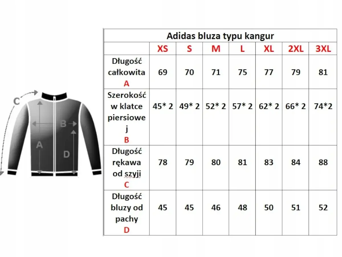 Tabela rozmiarów bluz Adidas z zaznaczonymi wymiarami A, B, C, D.